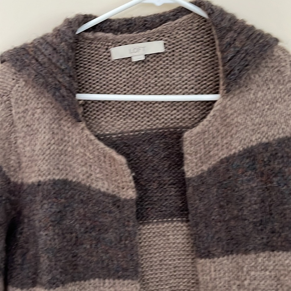 LOFT Mohair Brown Wide Stripe Open Cardigan Sweater XS - Picture 7 of 13